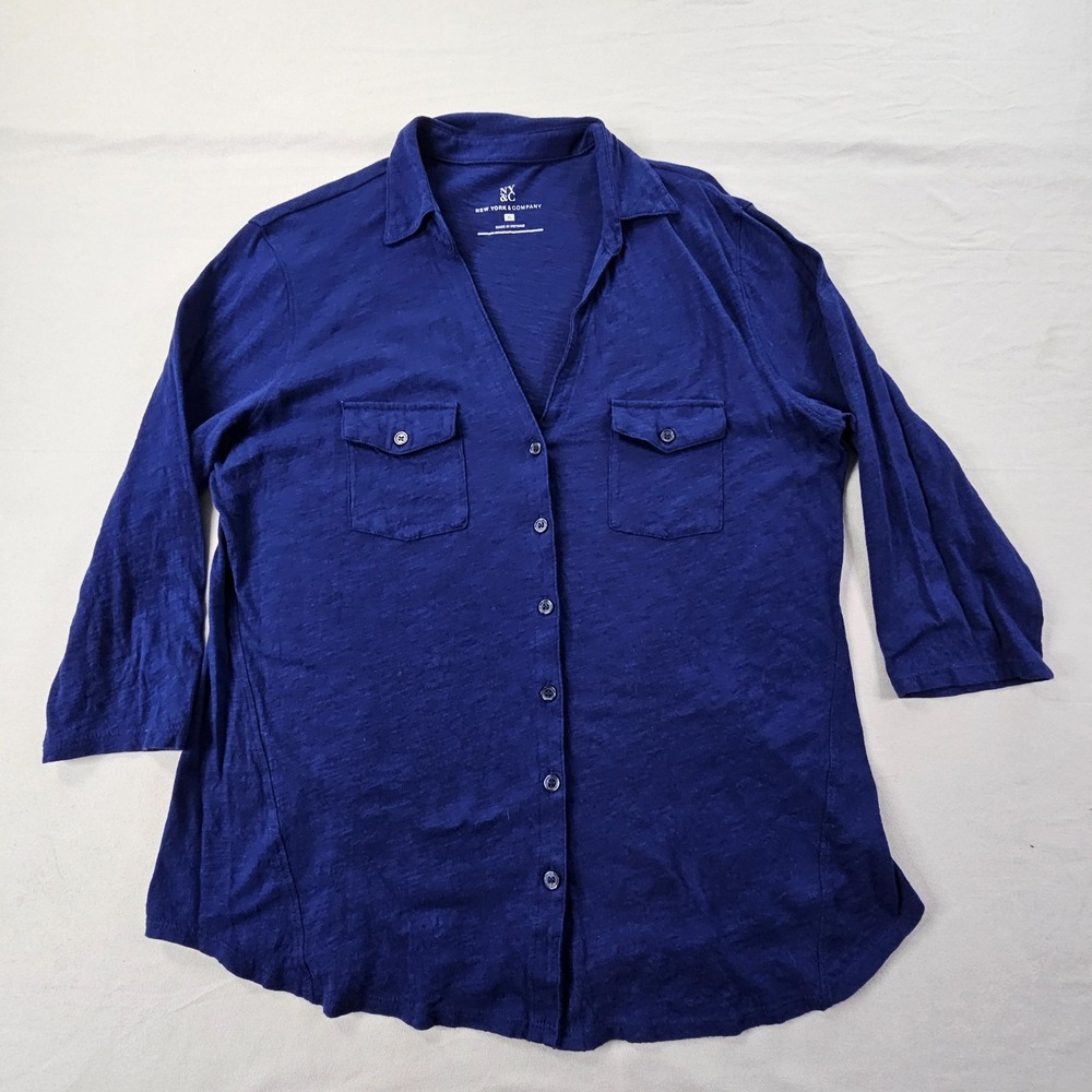 New York & Co Blue 3/4 Sleeve Cotton Button-Up Shirt Women's XL